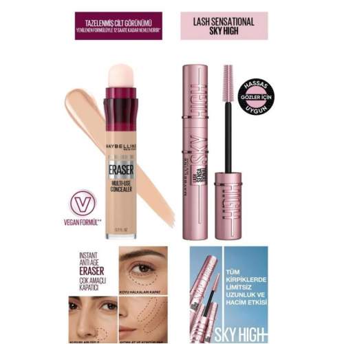 Maybelline Instant Anti Age Eraser 01 Light Kapatıcı + Lash Sensational Sky High Maskara