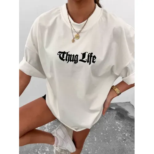 Unisex Bisiklet Yaka Baskılı Oversize T-Shirt - Beyaz Unisex Bisiklet Yaka Baskılı Oversize T-Shirt - Beyaz