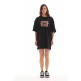 Unisex Bisiklet Yaka Baskılı Oversize T-Shirt - Siyah