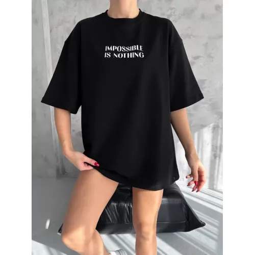 Unisex Bisiklet Yaka Baskılı Oversize T-Shirt - Siyah Unisex Bisiklet Yaka Baskılı Oversize T-Shirt - Siyah
