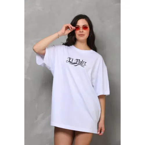 Unisex Bisiklet Yaka Baskılı Oversize T-Shirt - Beyaz Unisex Bisiklet Yaka Baskılı Oversize T-Shirt - Beyaz