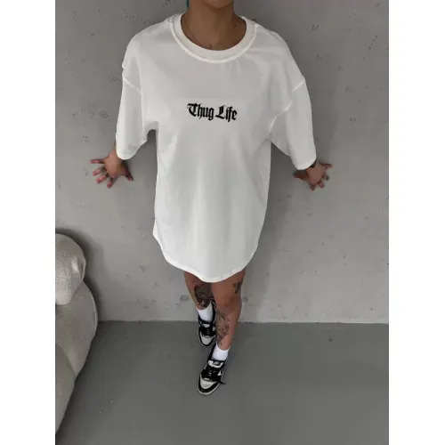 Unisex Bisiklet Yaka Baskılı Oversize T-Shirt - Beyaz Unisex Bisiklet Yaka Baskılı Oversize T-Shirt - Beyaz
