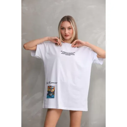 Unisex Bisiklet Yaka Baskılı Oversize T-Shirt - Beyaz Unisex Bisiklet Yaka Baskılı Oversize T-Shirt - Beyaz