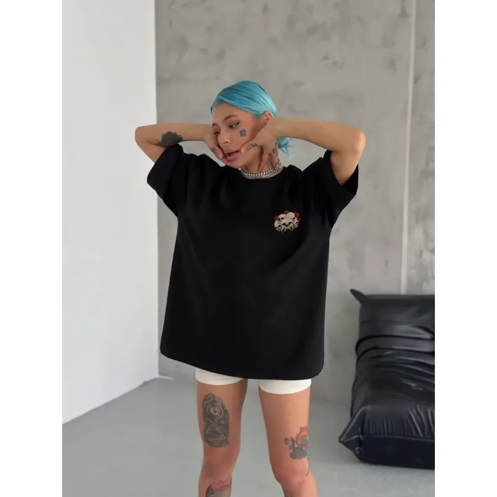 Unisex Bisiklet Yaka Baskılı Oversize T-Shirt - Siyah