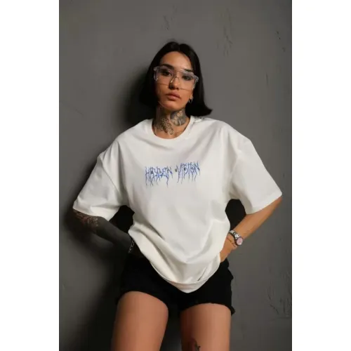 Unisex Bisiklet Yaka Baskılı Oversize T-Shirt - Beyaz Unisex Bisiklet Yaka Baskılı Oversize T-Shirt - Beyaz