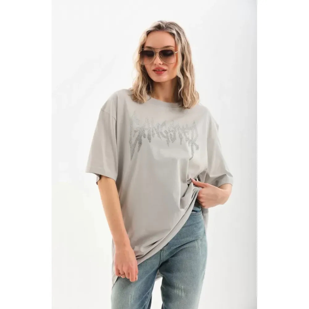 Unisex Taş Desenli Oversize T-Shirt - Gri