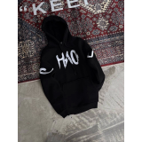 Kışlık Üç İplik Kapşonlu Baskılı SweatShirt - Siyah