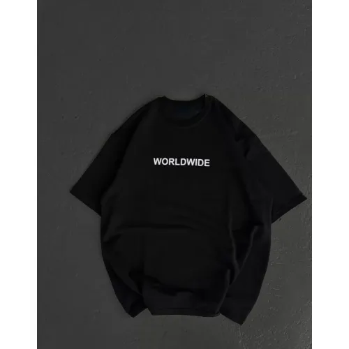 Unisex Bisiklet Yaka Baskılı Oversize T-Shirt - Siyah Unisex Bisiklet Yaka Baskılı Oversize T-Shirt - Siyah