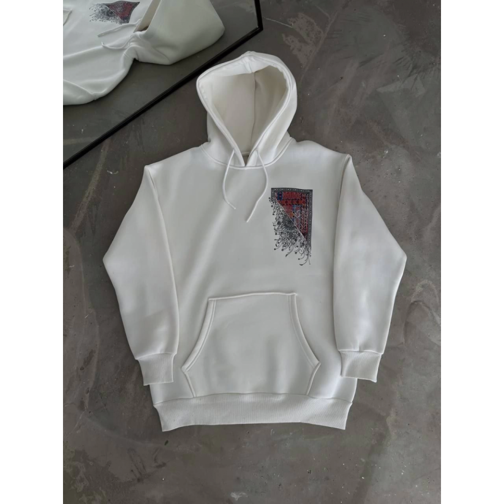 Uzun Kol Kapşonlu Ön Ve Arka Baskılı SweatShirt - Beyaz