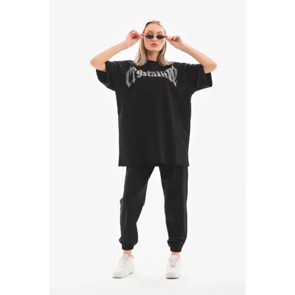 Unisex Taş Desenli Oversize T-Shirt - Beyaz