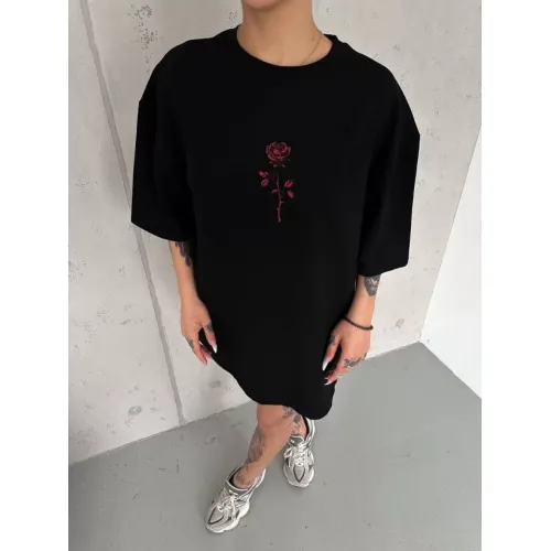 Unisex Bisiklet Yaka Baskılı Oversize T-Shirt - Siyah Unisex Bisiklet Yaka Baskılı Oversize T-Shirt - Siyah