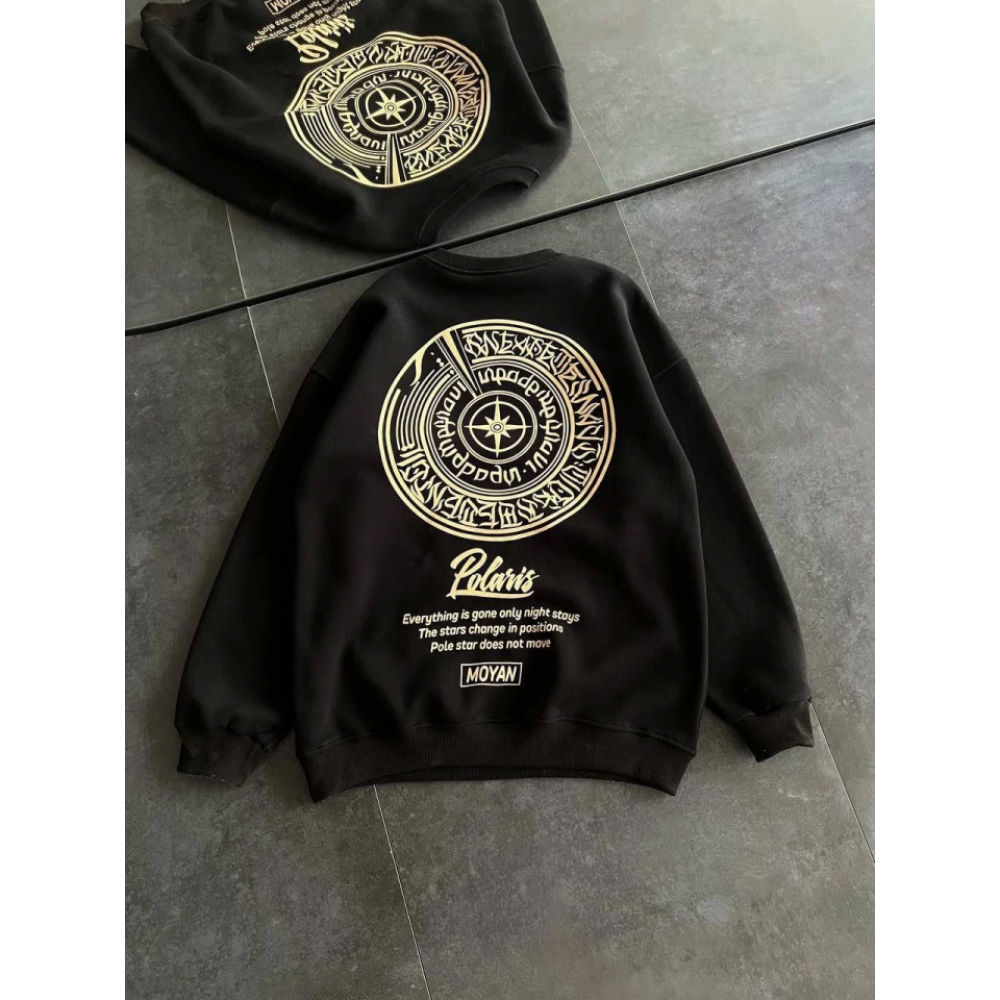 Kışlık Bisiklet Yaka Ön Ve Arka Baskılı SweatShirt - Siyah