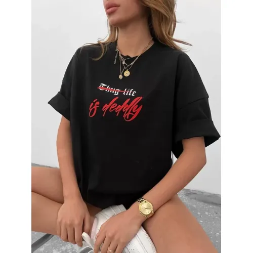 Unisex Bisiklet Yaka Baskılı Oversize T-Shirt - Siyah Unisex Bisiklet Yaka Baskılı Oversize T-Shirt - Siyah