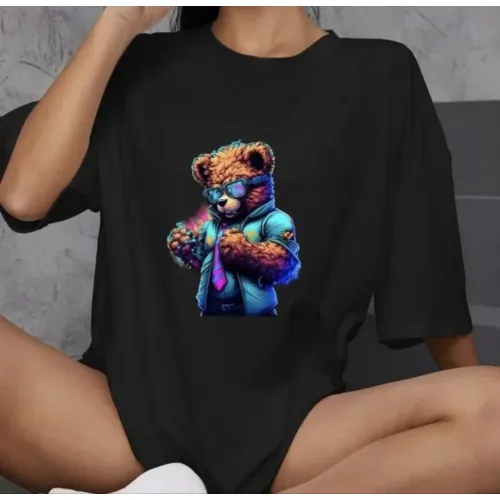 Unisex Bisiklet Yaka Baskılı Oversize T-Shirt - Siyah Unisex Bisiklet Yaka Baskılı Oversize T-Shirt - Siyah
