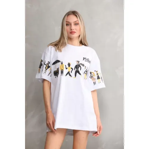 Unisex Bisiklet Yaka Baskılı Oversize T-Shirt - Beyaz Unisex Bisiklet Yaka Baskılı Oversize T-Shirt - Beyaz