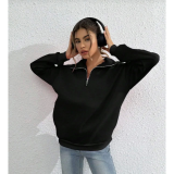 Unisex Uzun Kol Yarım Farmuarlı Yakalı Basic SweatShirt - Siyah