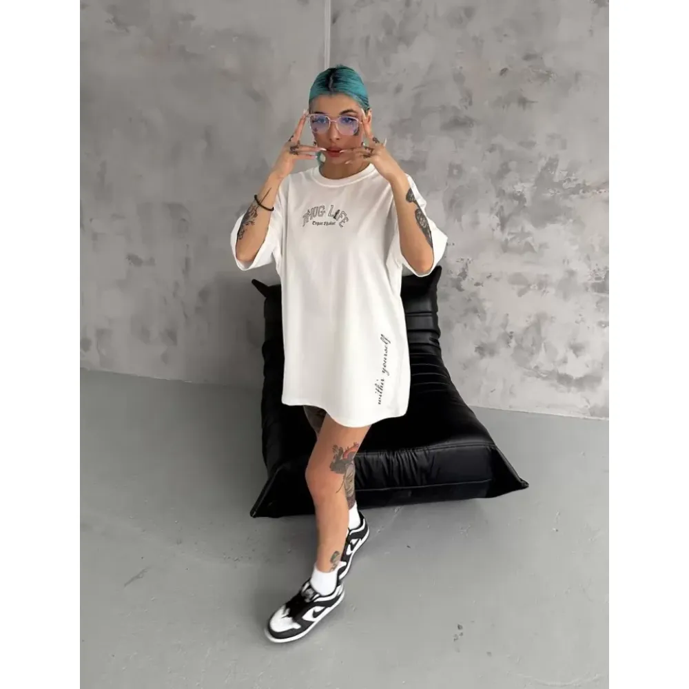 Unisex Baskılı Oversize T-Shirt - Beyaz