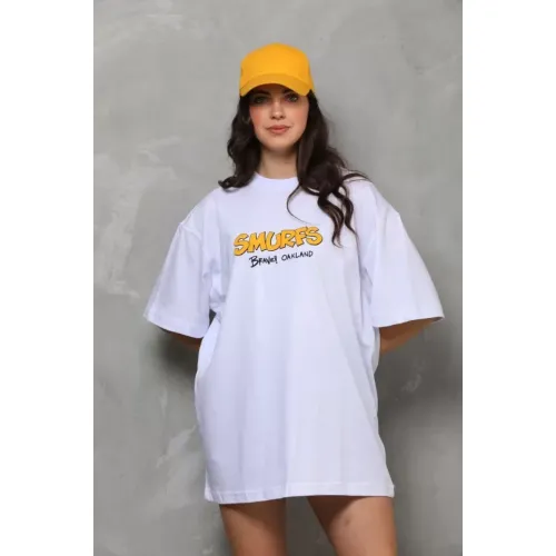 Unisex Bisiklet Yaka Baskılı Oversize T-Shirt - Beyaz Unisex Bisiklet Yaka Baskılı Oversize T-Shirt - Beyaz