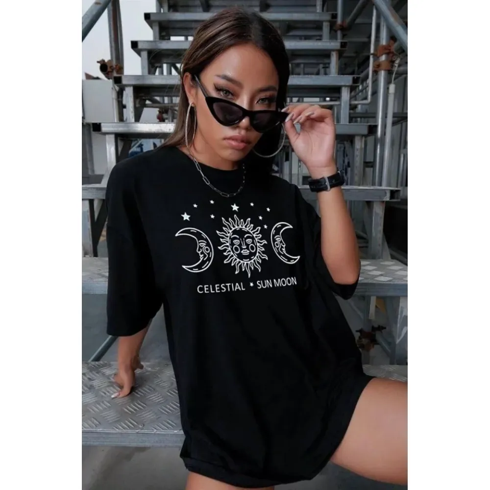 Unisex Baskılı Oversize T-Shirt - Siyah