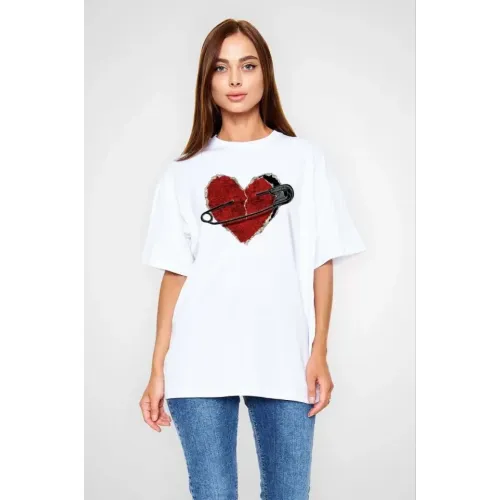 Unisex Bisiklet Yaka Baskılı Oversize T-Shirt - Beyaz Unisex Bisiklet Yaka Baskılı Oversize T-Shirt - Beyaz