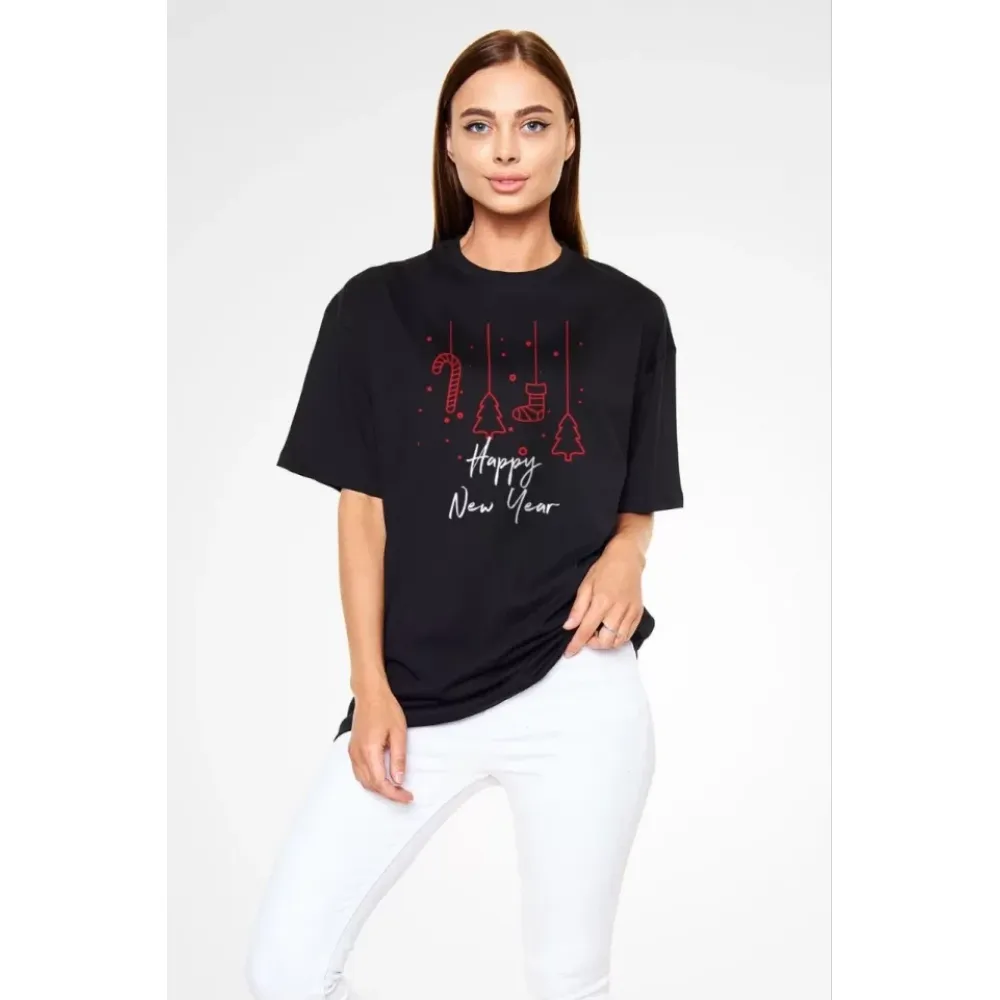 Unisex Bisiklet Yaka Baskılı Oversize T-Shirt - Siyah