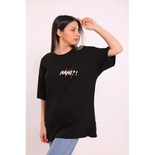 Unisex Bisiklet Yaka Baskılı Oversize T-Shirt - Siyah Unisex Bisiklet Yaka Baskılı Oversize T-Shirt - Siyah