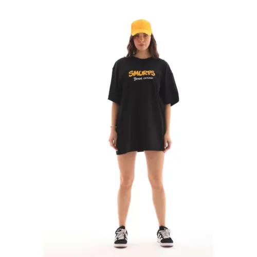 Unisex Bisiklet Yaka Baskılı Oversize T-Shirt - Siyah Unisex Bisiklet Yaka Baskılı Oversize T-Shirt - Siyah