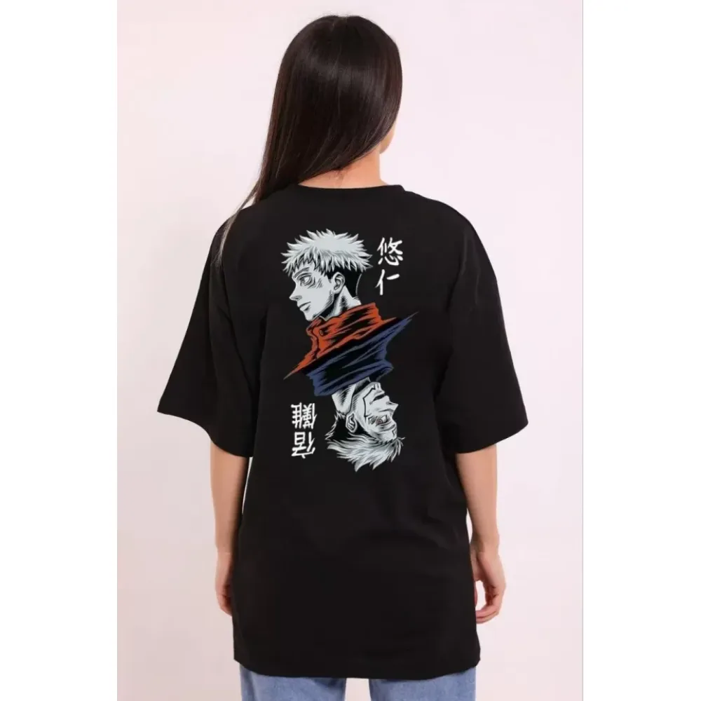 Unisex Bisiklet Yaka Baskılı Oversize T-Shirt - Siyah