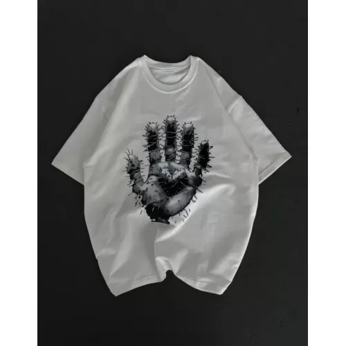 Unisex Bisiklet Yaka Baskılı Oversize T-Shirt - Beyaz Unisex Bisiklet Yaka Baskılı Oversize T-Shirt - Beyaz