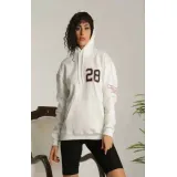 Unisex Kapşonlu Baskılı Sweetshirt - Beyaz