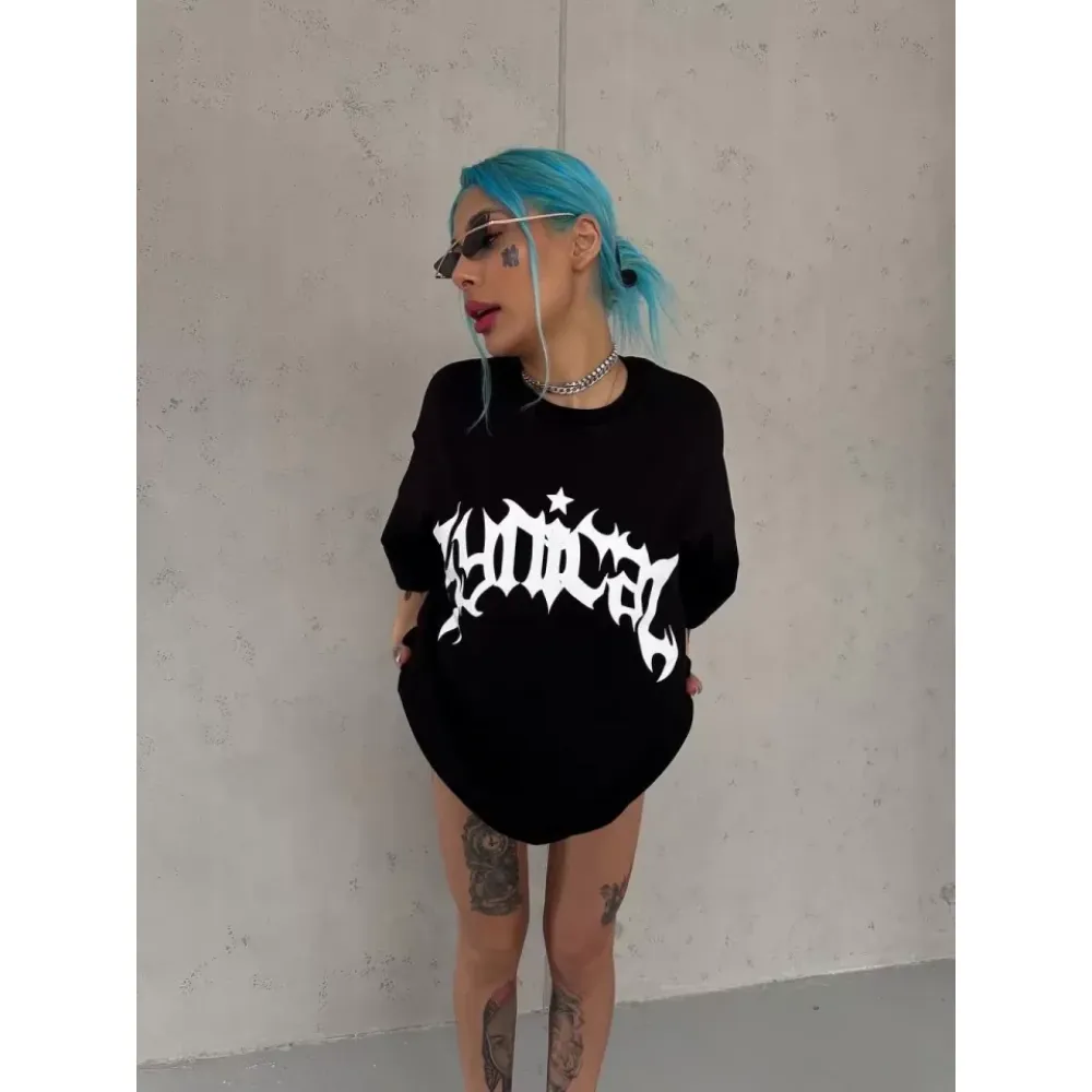 Unisex Bisiklet Yaka Baskılı Oversize T-Shirt - Siyah