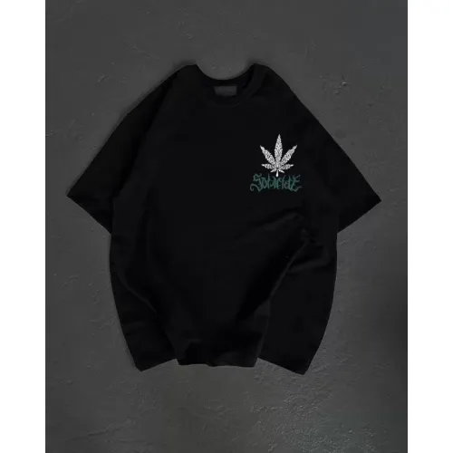 Unisex Bisiklet Yaka Baskılı Oversize T-Shirt - Siyah Unisex Bisiklet Yaka Baskılı Oversize T-Shirt - Siyah