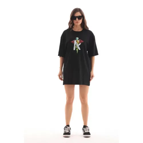 Unisex Bisiklet Yaka Baskılı Oversize T-Shirt - Siyah Unisex Bisiklet Yaka Baskılı Oversize T-Shirt - Siyah
