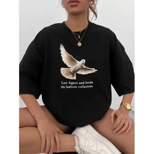 Unisex Bisiklet Yaka Baskılı Oversize T-Shirt - Siyah Unisex Bisiklet Yaka Baskılı Oversize T-Shirt - Siyah