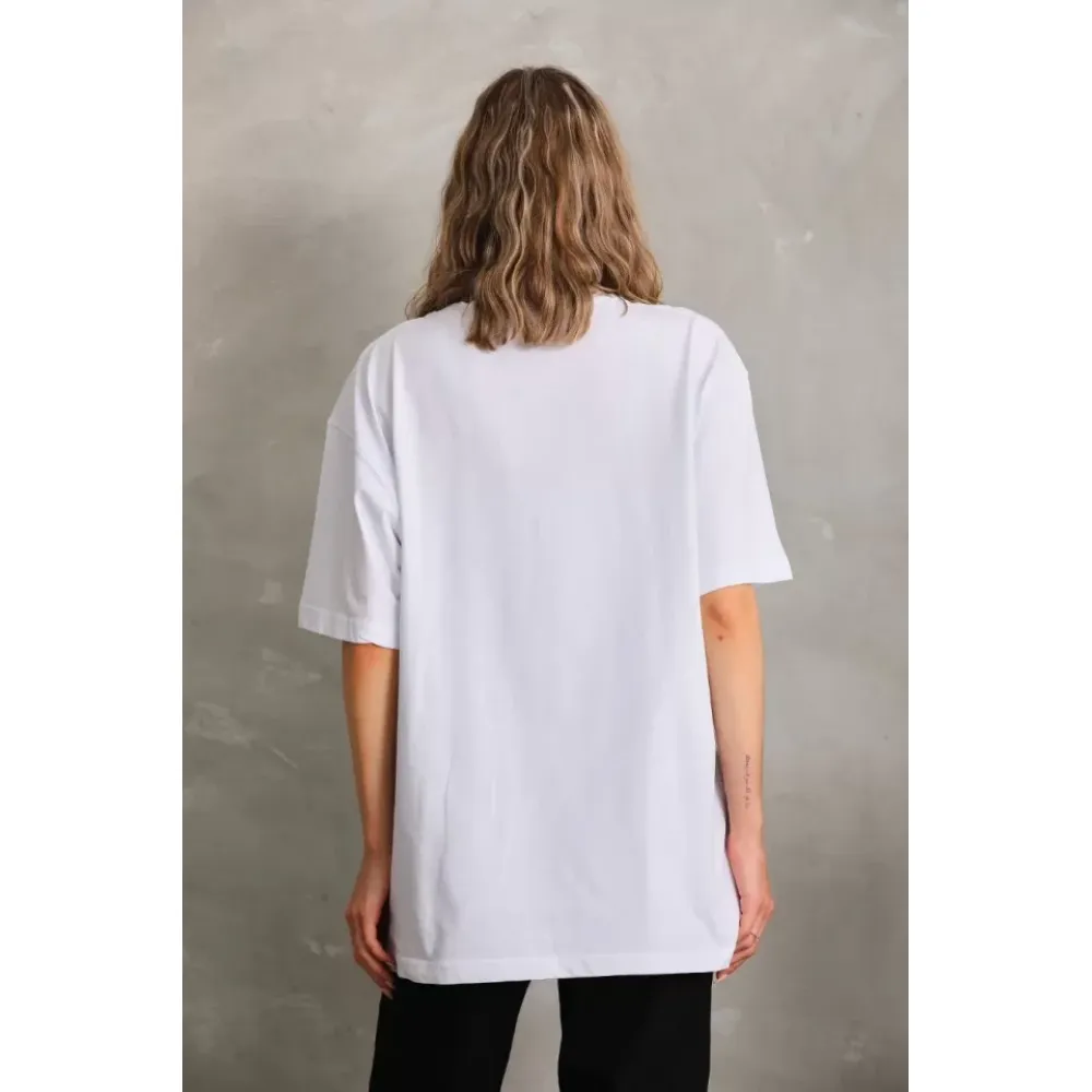 Unisex Bisiklet Yaka 20/1 Düz Oversize T-Shirt - Beyaz