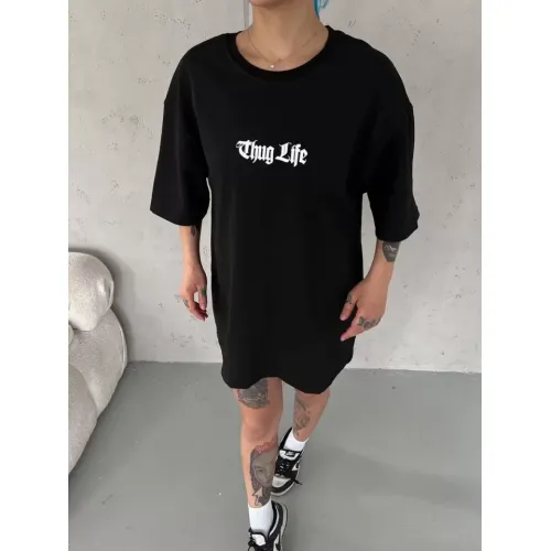 Unisex Bisiklet Yaka Baskılı Oversize T-Shirt - Siyah Unisex Bisiklet Yaka Baskılı Oversize T-Shirt - Siyah