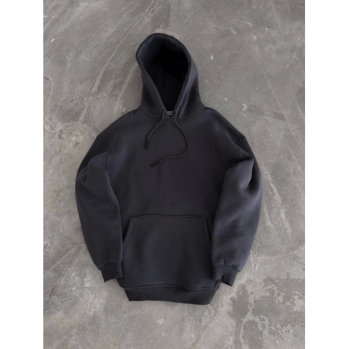 Kapşonlu Üç İplik Penye Basic SweatShirt - Füme Kapşonlu Üç İplik Penye Basic SweatShirt - Füme