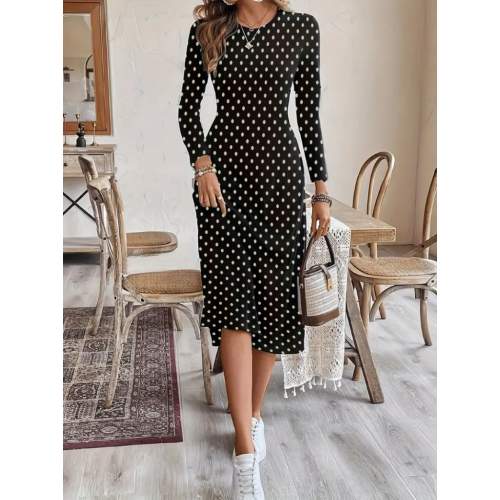 Kadın Uzun Kollu Bisiklet Yaka Puantiyeli örme Krep Midi Elbise Kadın Uzun Kollu Bisiklet Yaka Puantiyeli örme Krep Midi Elbise
