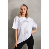 Unisex Taş Desenli Oversize T-Shirt - Beyaz