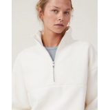 Oversize Yarım Farmuarlı Yakalı Basic SweatShirt - Beyaz