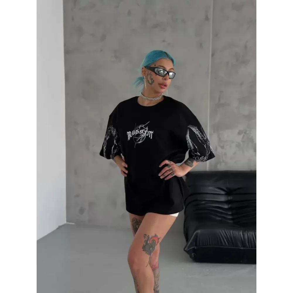 Unisex Bisiklet Yaka Baskılı Oversize T-Shirt - Siyah