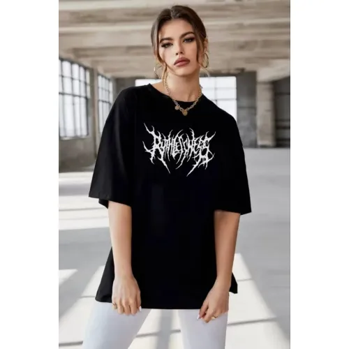 Unisex Bisiklet Yaka Baskılı Oversize T-Shirt - Siyah Unisex Bisiklet Yaka Baskılı Oversize T-Shirt - Siyah