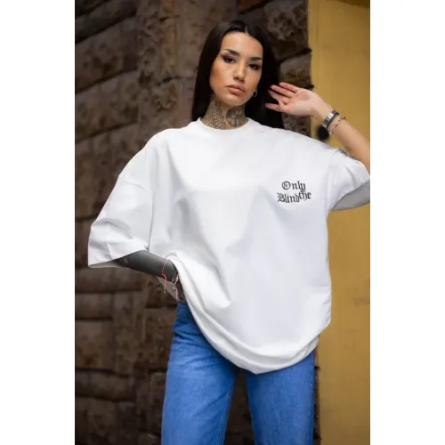 Unisex Bisiklet Yaka Baskılı Oversize T-Shirt - Beyaz Unisex Bisiklet Yaka Baskılı Oversize T-Shirt - Beyaz