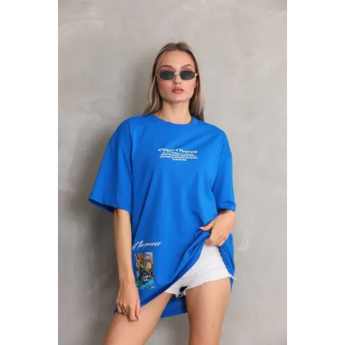 Unisex Bisiklet Yaka Baskılı Oversize T-Shirt - Mavi Unisex Bisiklet Yaka Baskılı Oversize T-Shirt - Mavi