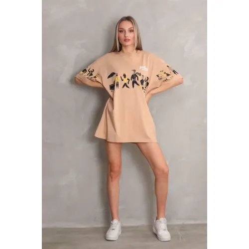Unisex Bisiklet Yaka Baskılı Oversize T-Shirt - Bej Unisex Bisiklet Yaka Baskılı Oversize T-Shirt - Bej