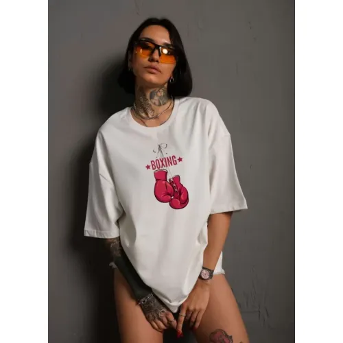 Unisex Bisiklet Yaka Baskılı Oversize T-Shirt - Beyaz Unisex Bisiklet Yaka Baskılı Oversize T-Shirt - Beyaz