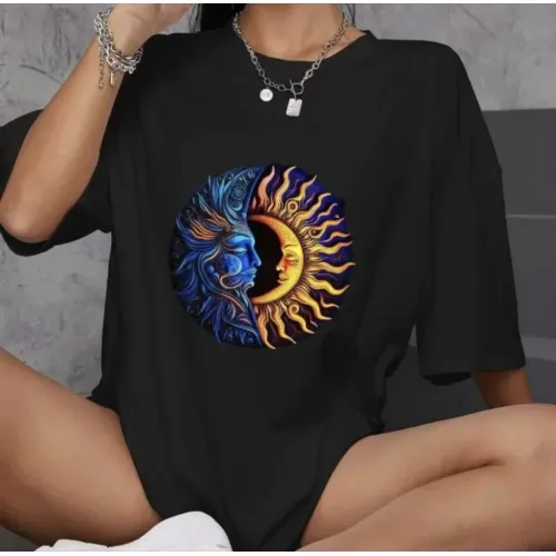 Unisex Bisiklet Yaka Baskılı Oversize T-Shirt - Siyah Unisex Bisiklet Yaka Baskılı Oversize T-Shirt - Siyah