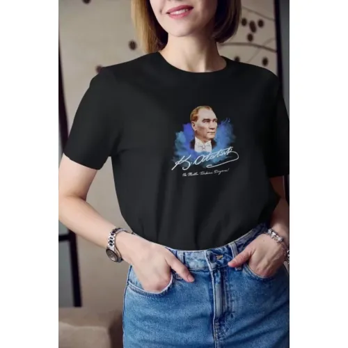 Unisex Bisiklet Yaka Baskılı Oversize T-Shirt - Siyah Unisex Bisiklet Yaka Baskılı Oversize T-Shirt - Siyah