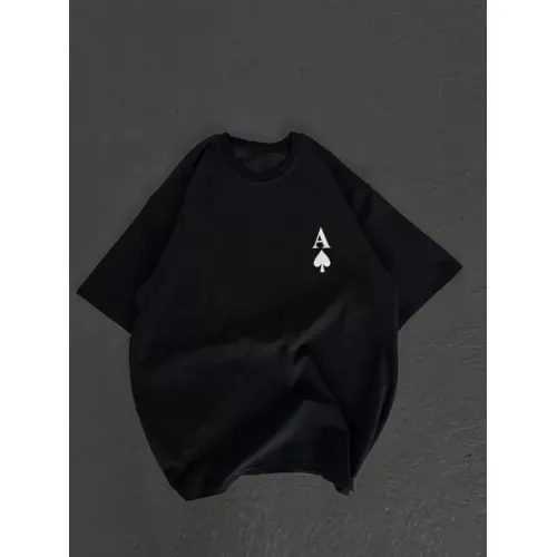 Unisex Bisiklet Yaka Baskılı Oversize T-Shirt - Siyah Unisex Bisiklet Yaka Baskılı Oversize T-Shirt - Siyah
