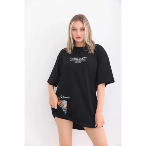 Unisex Bisiklet Yaka Baskılı Oversize T-Shirt - Siyah Unisex Bisiklet Yaka Baskılı Oversize T-Shirt - Siyah